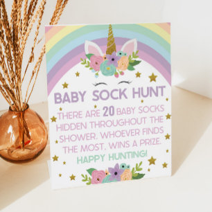 Unicorn Rainbows Baby Sock Hunt Baby shower Game Reclamebord Met Voetstuk