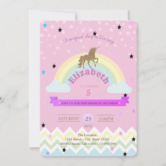 Unicorn, regenboogsterren, uitnodiging van Zigzag  (Voorkant)