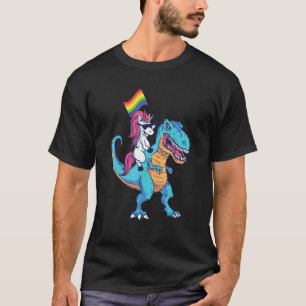 Unicorn Riding Dinosaur met Pride Flag Rainbow L T-shirt