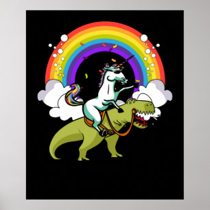 Unicorn Riding T-Rex Dinosaur Magische Regenboog Poster