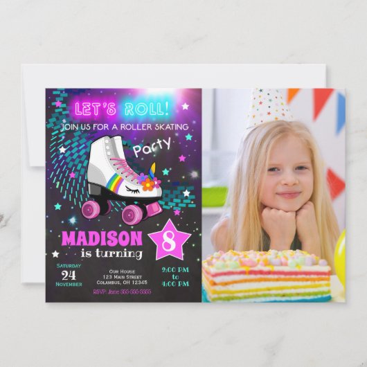 Unicorn Roller Skating Birthday Party Invitation (Devant)