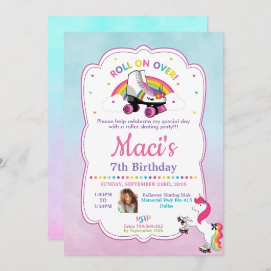Unicorn Roller Skating Birthday Party Invitation Kaart (Voorkant / Achterkant)