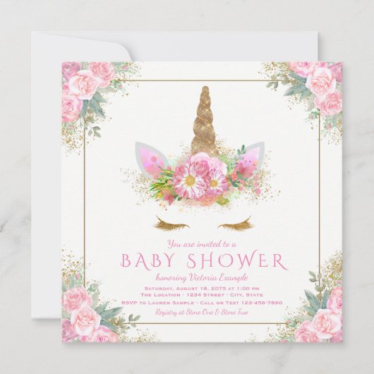 Unicorn rose or bébé douche Invitations (Devant)