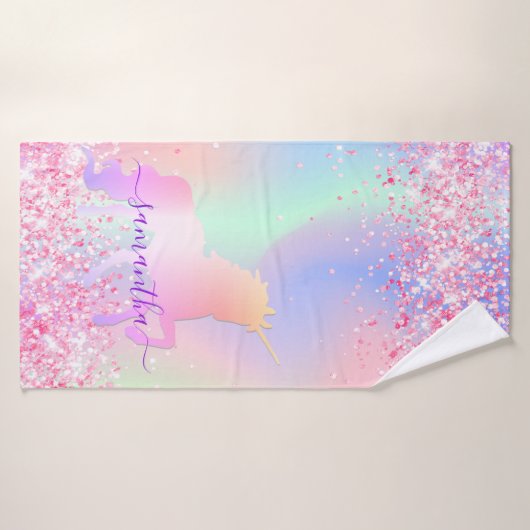 Unicorn rose violet nom fille (Serviette de bain)