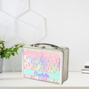 Unicorn roze glitter drip regenboogvonk monogram