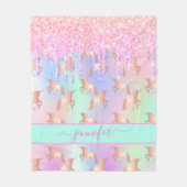 Unicorn roze glitter druppelt holodraphic name scr fleece deken (Voorkant)