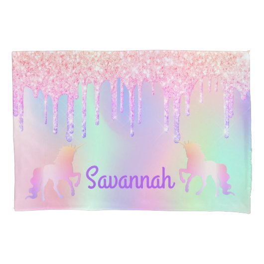 Unicorn roze glitter regenboogkleurige monogram kussensloop (Voorkant)
