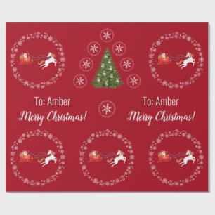 Unicorn Santa's Sleigh Personalize Name Merry Xmas Cadeaupapier