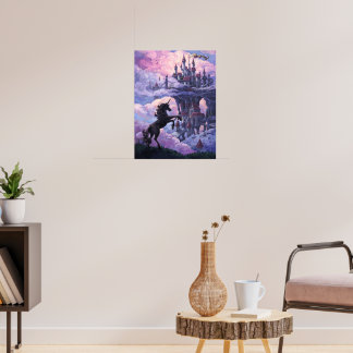 Unicorn Silhouette en Castle in roze wolken Poster