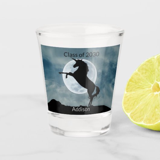 Unicorn Silhouette Moon Klasse 2030 Afstuderen Shot Glas (Voorkant)