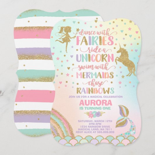 Unicorn Sirène Et Fée Invitation Anniversaire (Devant / Derrière)