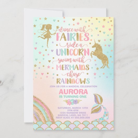 Unicorn Sirène Et Fée Invitation Anniversaire (Devant)