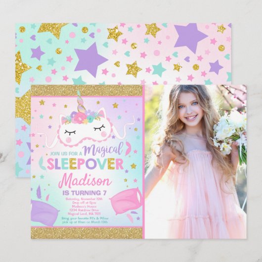 Unicorn Sleepover Party Invitation Slumber Party Kaart (Voorkant / Achterkant)