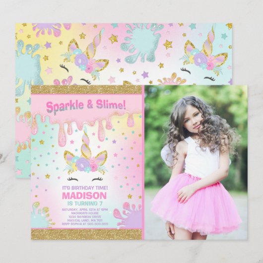 Unicorn Slime Anniversaire Invitation Slime Party (Devant / Derrière)
