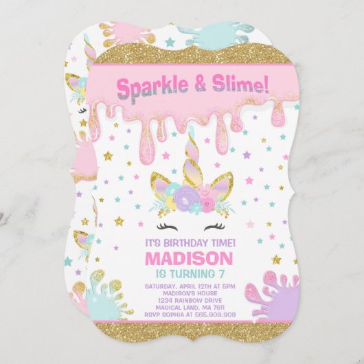 Unicorn Slime Anniversaire Invitation Slime Party (Devant / Derrière)