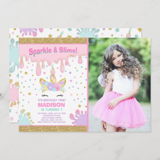 Unicorn Slime Anniversaire Invitation Slime Party (Devant / Derrière)