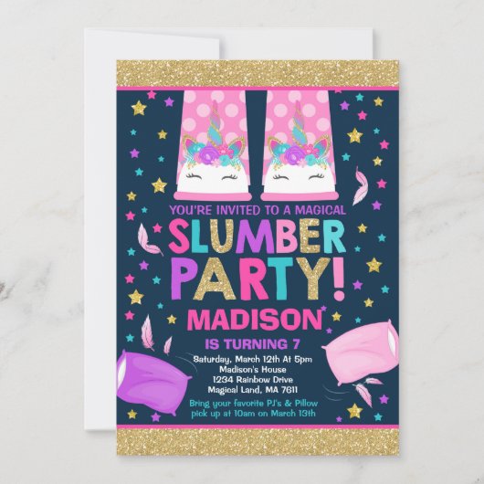 Unicorn Slumber Party Birthday Uitnodiging (Voorkant)