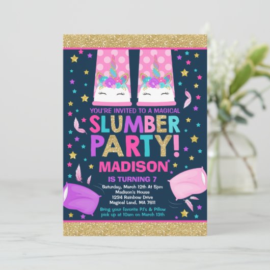 Unicorn Slumber Party Birthday Uitnodiging (Staand voorkant)