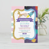 Unicorn & Space Joint Boy Girl Birthday Invitation (Debout devant)