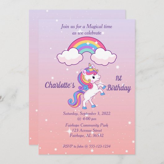 Unicorn Sparkle 1er anniversaire Invitation (Devant / Derrière)