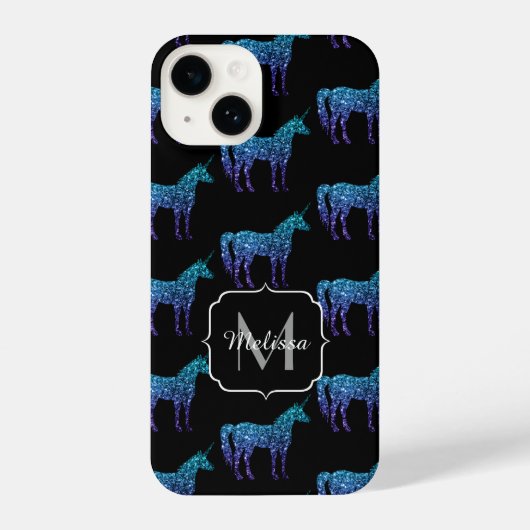 Unicorn Sparkles aqua blue ombre patroon Monogram iPhone Hoesje (Achterkant)