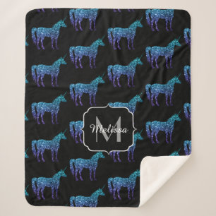 Unicorn Sparkles aqua blue ombre patroon Monogram Sherpa Deken