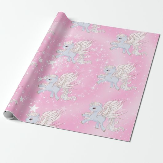 Unicorn Stars Roze Witte Steen Cadeaupapier (Uitgerold)