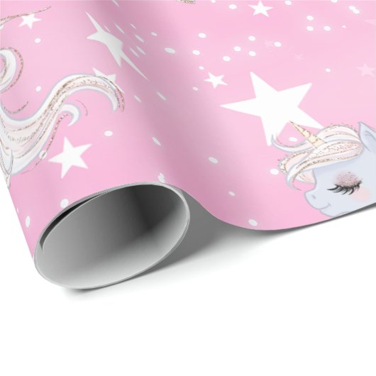 Unicorn Stars Roze Witte Steen Cadeaupapier (Rol Hoek)