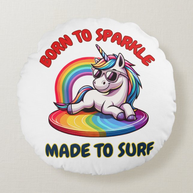 Unicorn Surfer Rainbow Surfing Cool Rond Kussen (Voorkant)