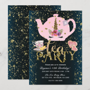 Unicorn Tea Party Gold Glitter Pink Girls Kaart