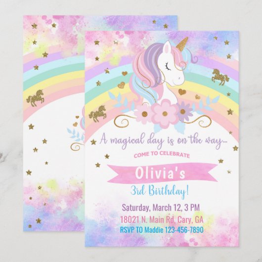 Unicorn tête & fleurs fille invitation anniversair (Devant / Derrière)