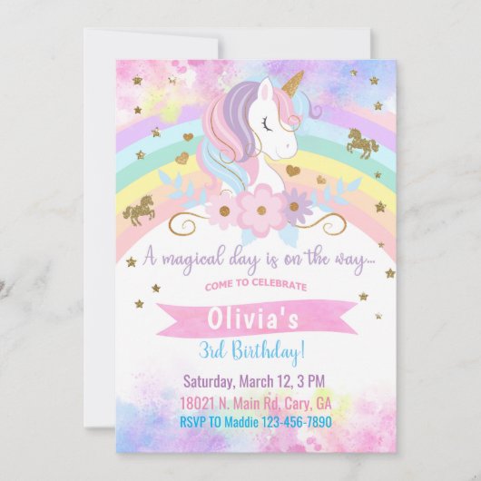 Unicorn tête & fleurs fille invitation anniversair (Devant)