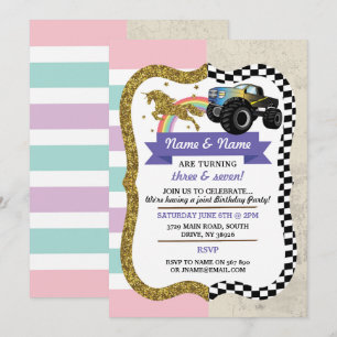 Unicorn & Truck Joint Boy Girl Birthday Invites Kaart