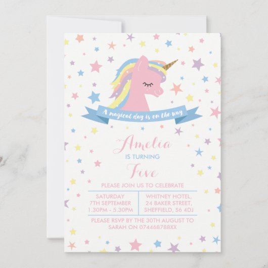 Unicorn - uitnodiging voor verjaardagsfeest (Voorkant)