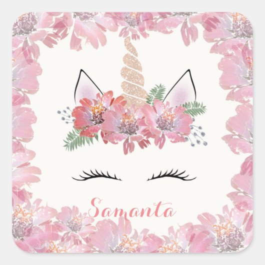 Unicorn, Unicorn Face, gepersonaliseerd, meisjes, Vierkante Sticker (Voorkant)