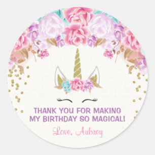 Unicorn verjaardagstickers, roze en goud ronde sticker