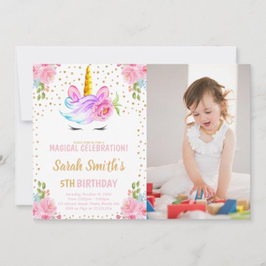 Unicorn verjaardagsuitnodigingen met foto kaart (Voorkant)