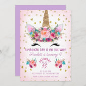 Unicorn Visage Floral Anniversaire Invitation (Devant / Derrière)