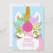 Unicorn Visage Floral Anniversaire Invitation (Devant)