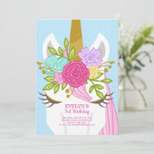 Unicorn Visage Floral Anniversaire Invitation (Debout devant)