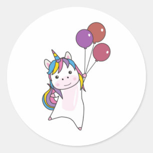 Unicorn vliegt met ballonnen boven de stutvaten ronde sticker