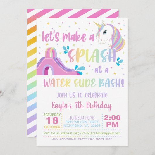 Unicorn Water Slide Birthday Uitnodiging (Voorkant / Achterkant)