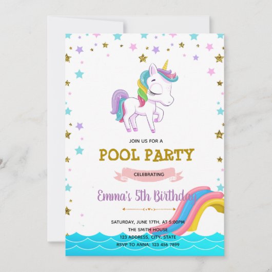 Unicorn waterslide pooluitnodiging kaart (Voorkant)