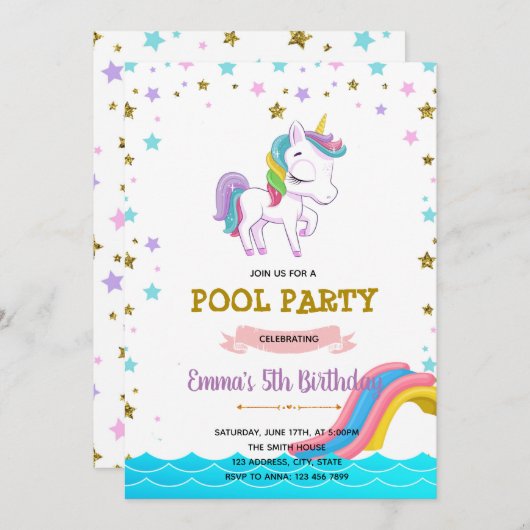 Unicorn waterslide pooluitnodiging kaart (Voorkant / Achterkant)
