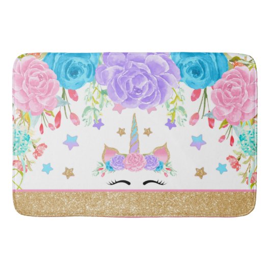 Unicorn Waterverf Floral en Glitter Bathmat Badmat (Voorkant)