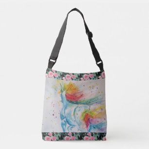 Unicorn Waterverf Regenboog Blauwgroen Rozen Flore Crossbody Tas
