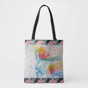 Unicorn Waterverf Regenboog Blauwgroen Rozen Flore Draagtas