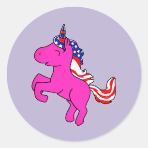 Unicorn Yarrow Pink Patriotic USA Flag Mane Art Ronde Sticker