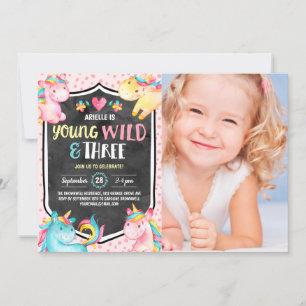 Unicorn Young Wild & Three Birthday Party Foto Kaart