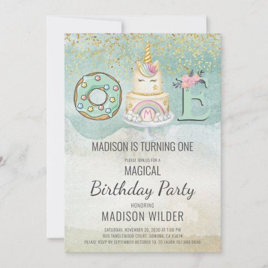 Unicorne 1er anniversaire Aqua Pink Invitation (Devant)